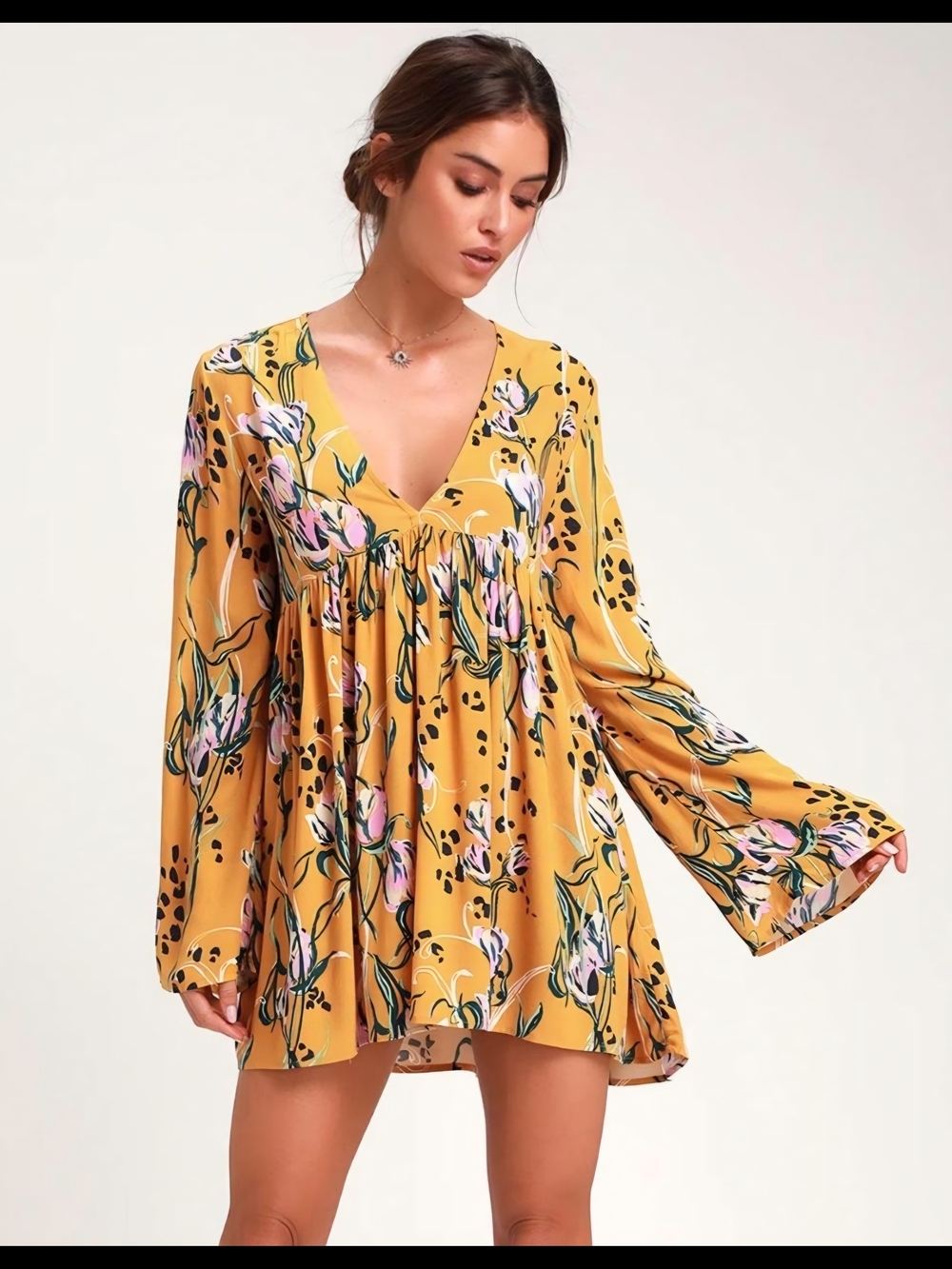 Free People Mustard Yellow Floral Swing Dress